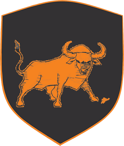 Orange farbener Stier auf schwarzem Wappen mit orange farbenem Rand